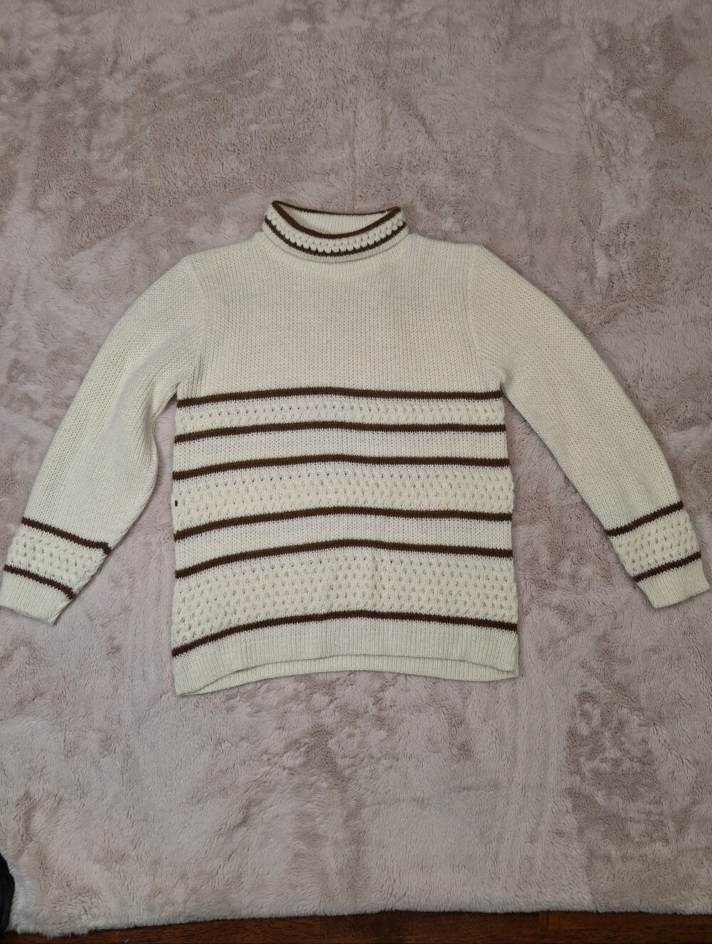 Vintage 70s Striped Mock Neck Sweater Treasure Knits Orlon Acrylic Knit Ivory